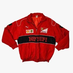 Vintage Ferrari F1 Racing Jacket Mens L Large Red Full Zip Lined Bomber Formula